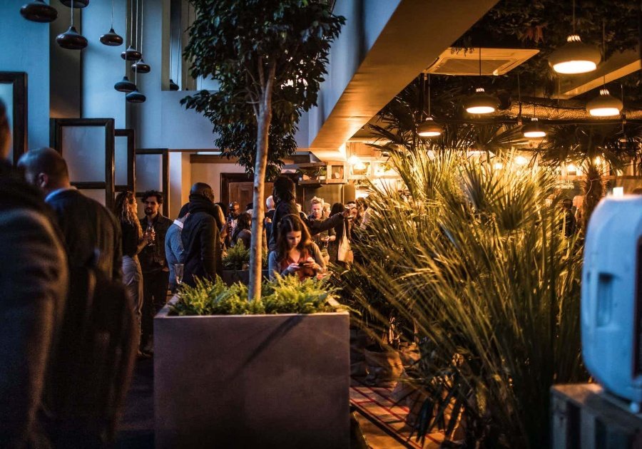 Vibrant networking event in ARBORETUM's Main Lounge with lush greenery and warm lighting.