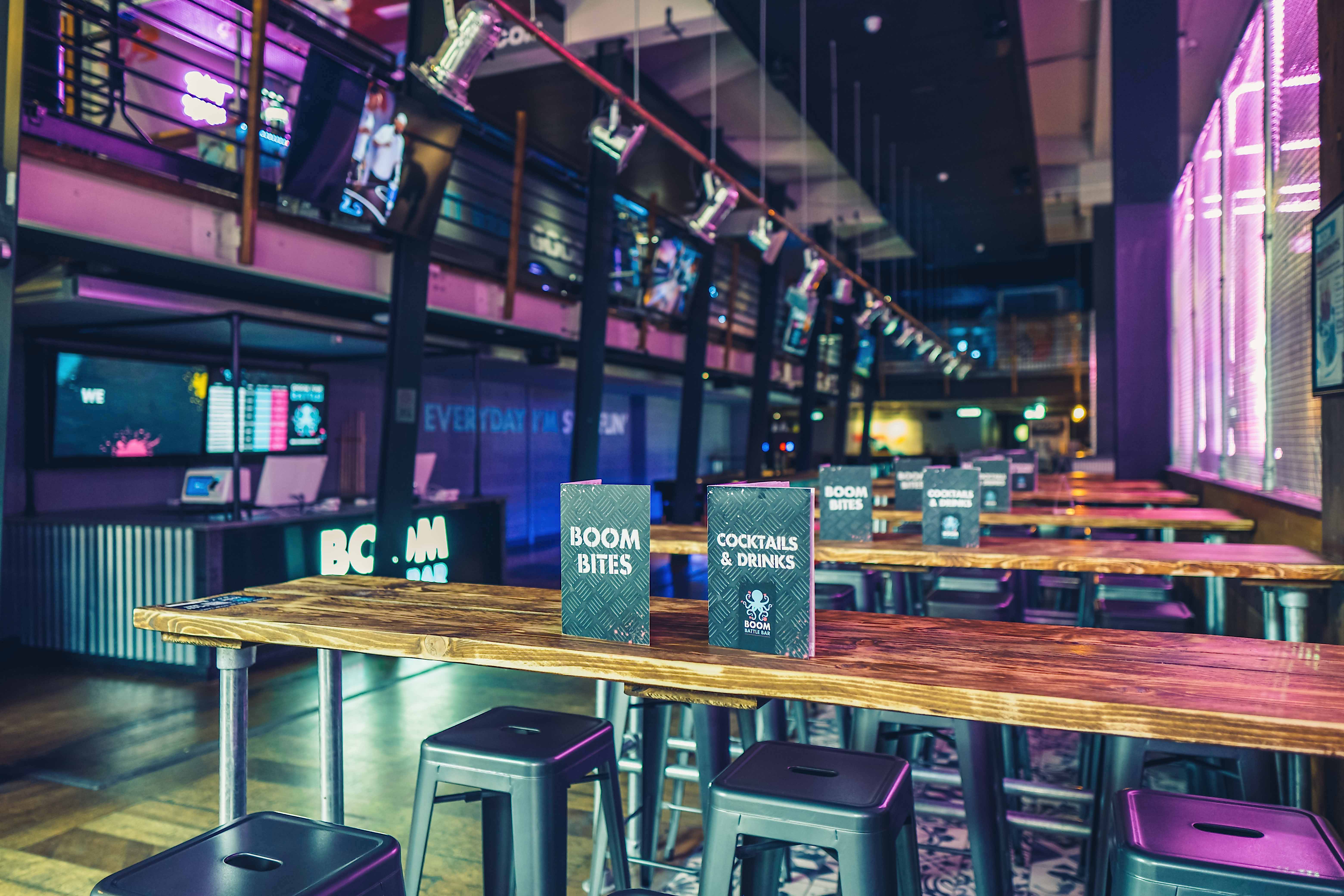 "Vibrant event space in Boom Battle Bar Birmingham for corporate parties and social gatherings."