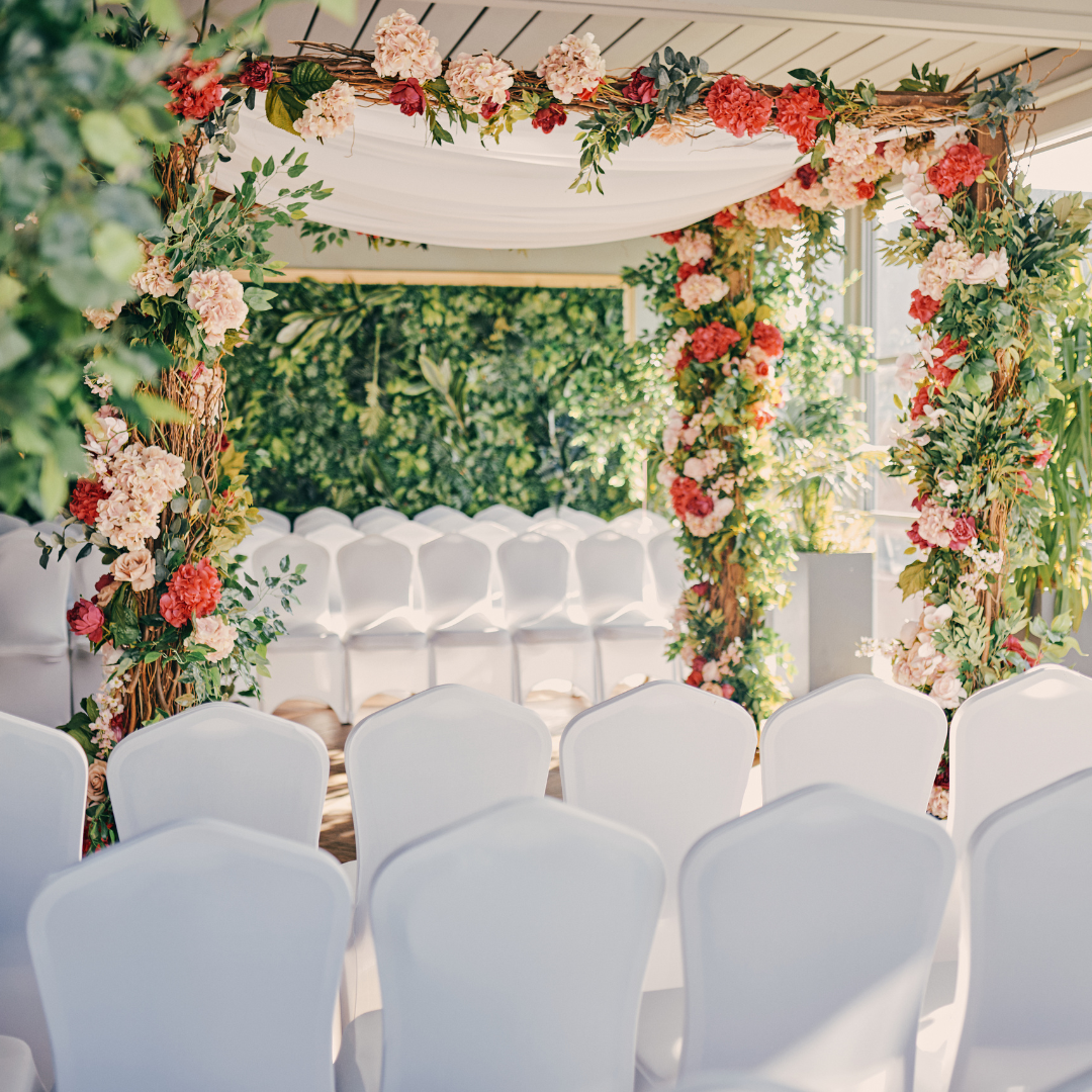 Elegant Garden Court in Manchester Hall, featuring floral columns for weddings and gatherings.