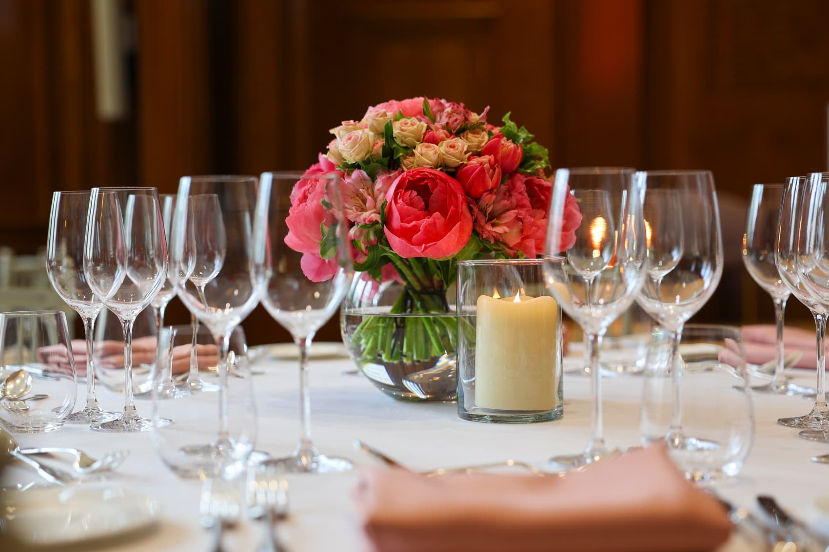 Elegant dining table with floral centerpiece in Surveyors House for weddings and corporate events.