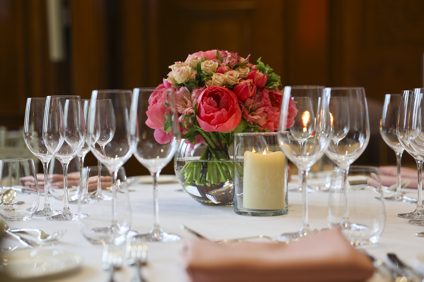 Elegant dining table with floral centerpiece in Surveyors House for weddings and corporate events.
