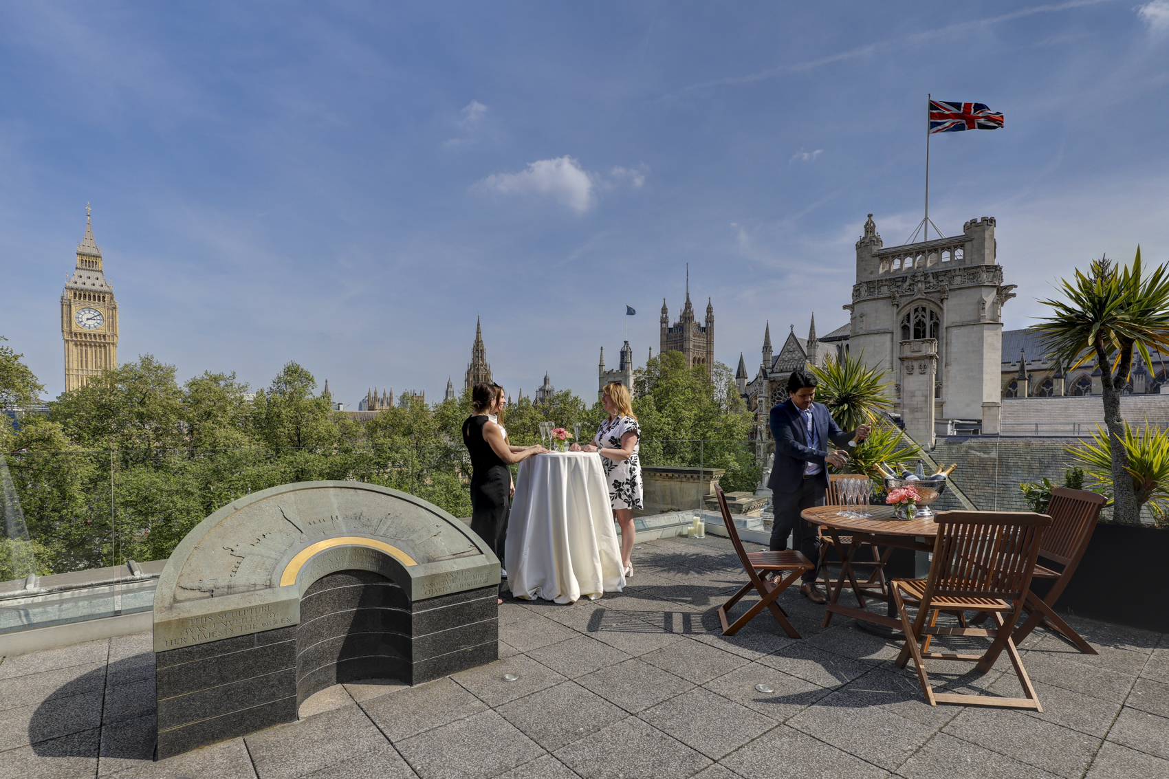 Rooftop event space at Terrace, featuring views of Big Ben and elegant cocktail setup.