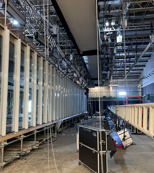 Event space setup at Stages in London North with extensive rigging and lighting.