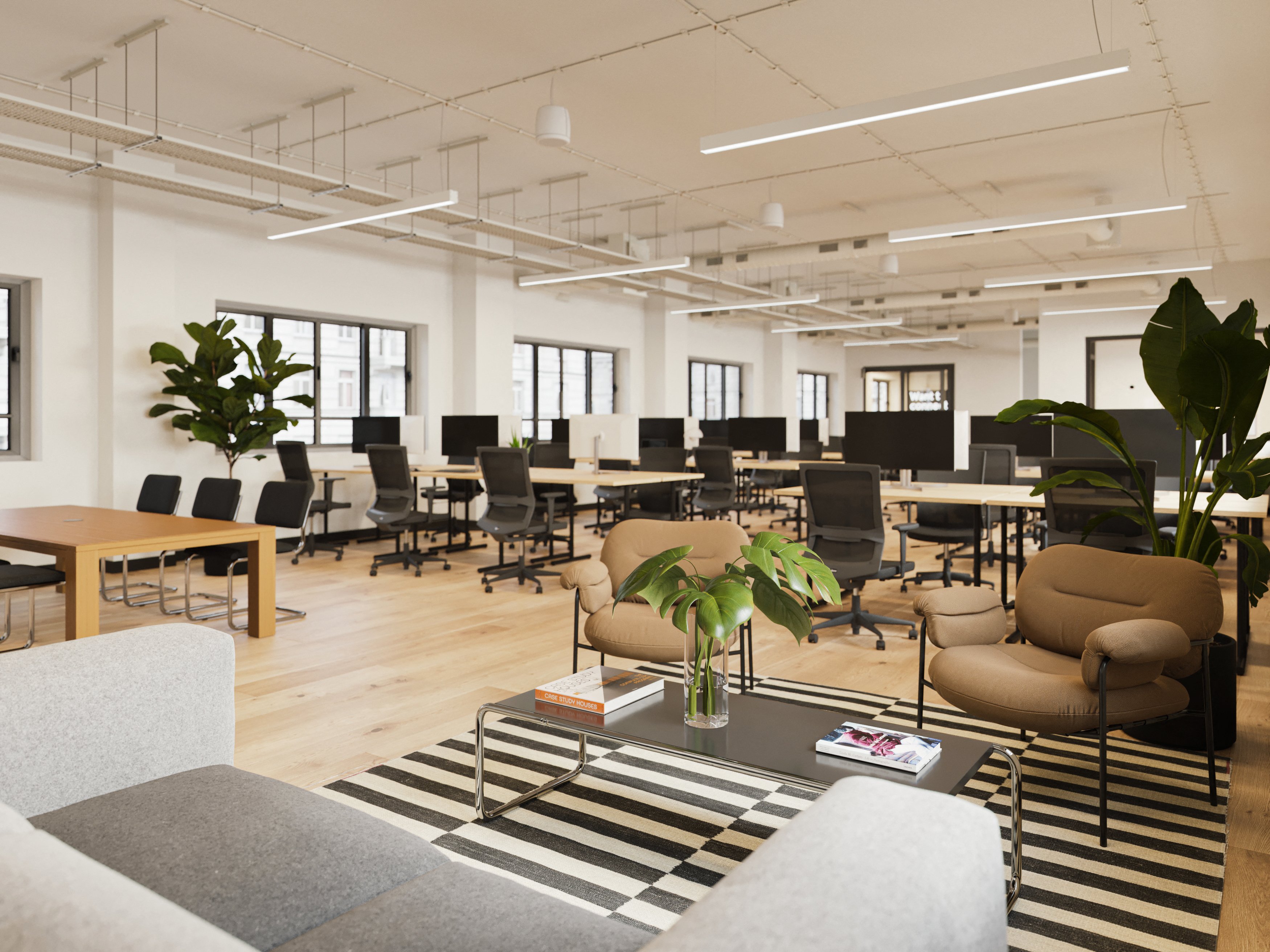 Modern flexible workspace dining room with natural light, ideal for workshops and meetings.