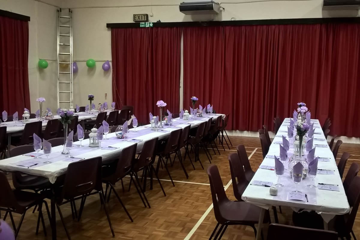Arkley Village Hall event space with lavender decor, ideal for gatherings and celebrations.