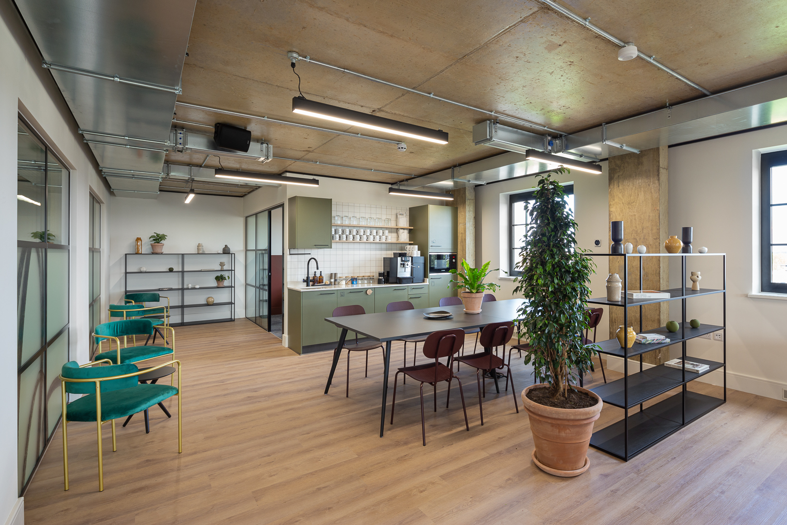 Modern private office space with natural light for meetings and brainstorming at Riley Studios.