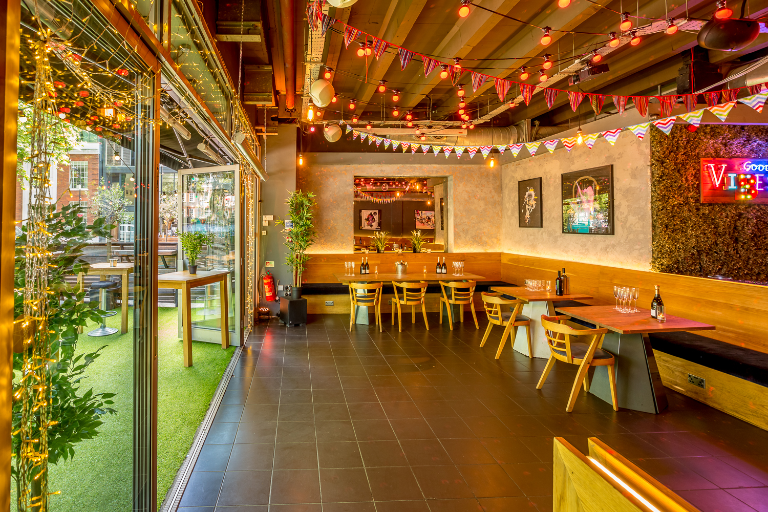 Green Room Hoxton: intimate event space, string lights, private dining, cocktail reception