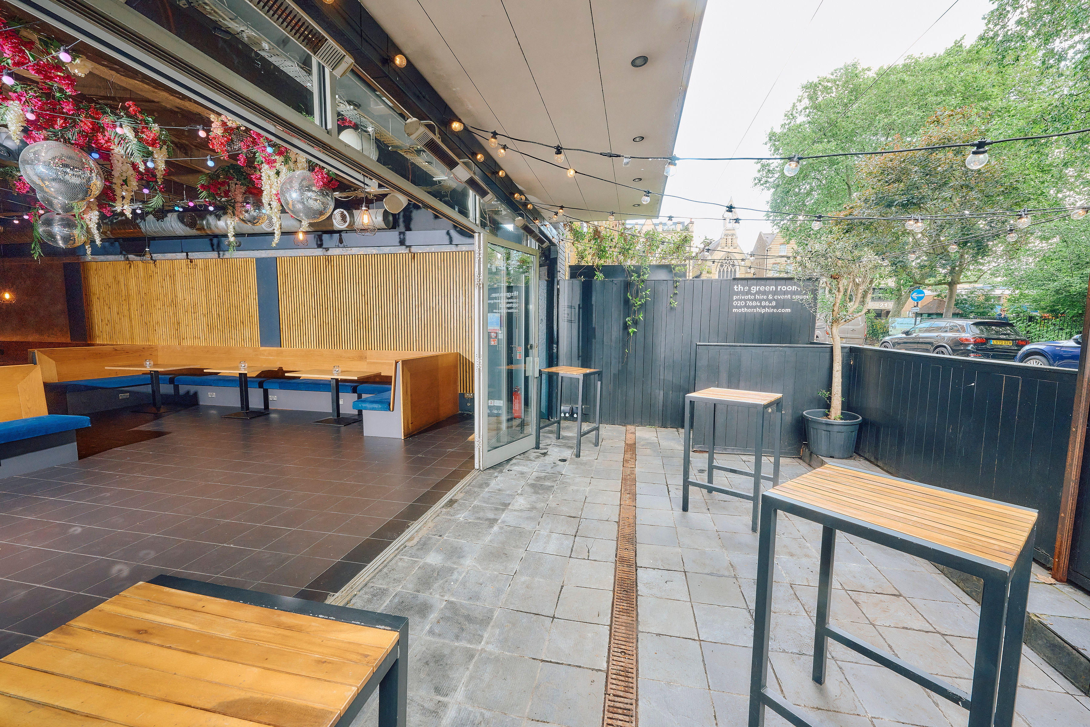 Hoxton venue, green room, terrace, cocktail party