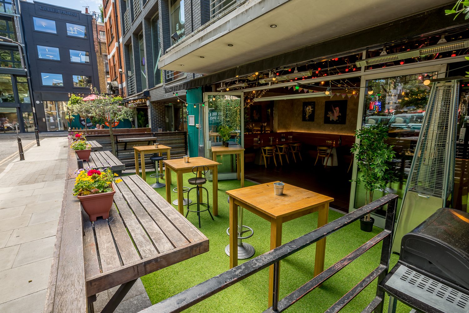 Hoxton outdoor event space, artificial turf, cocktail reception