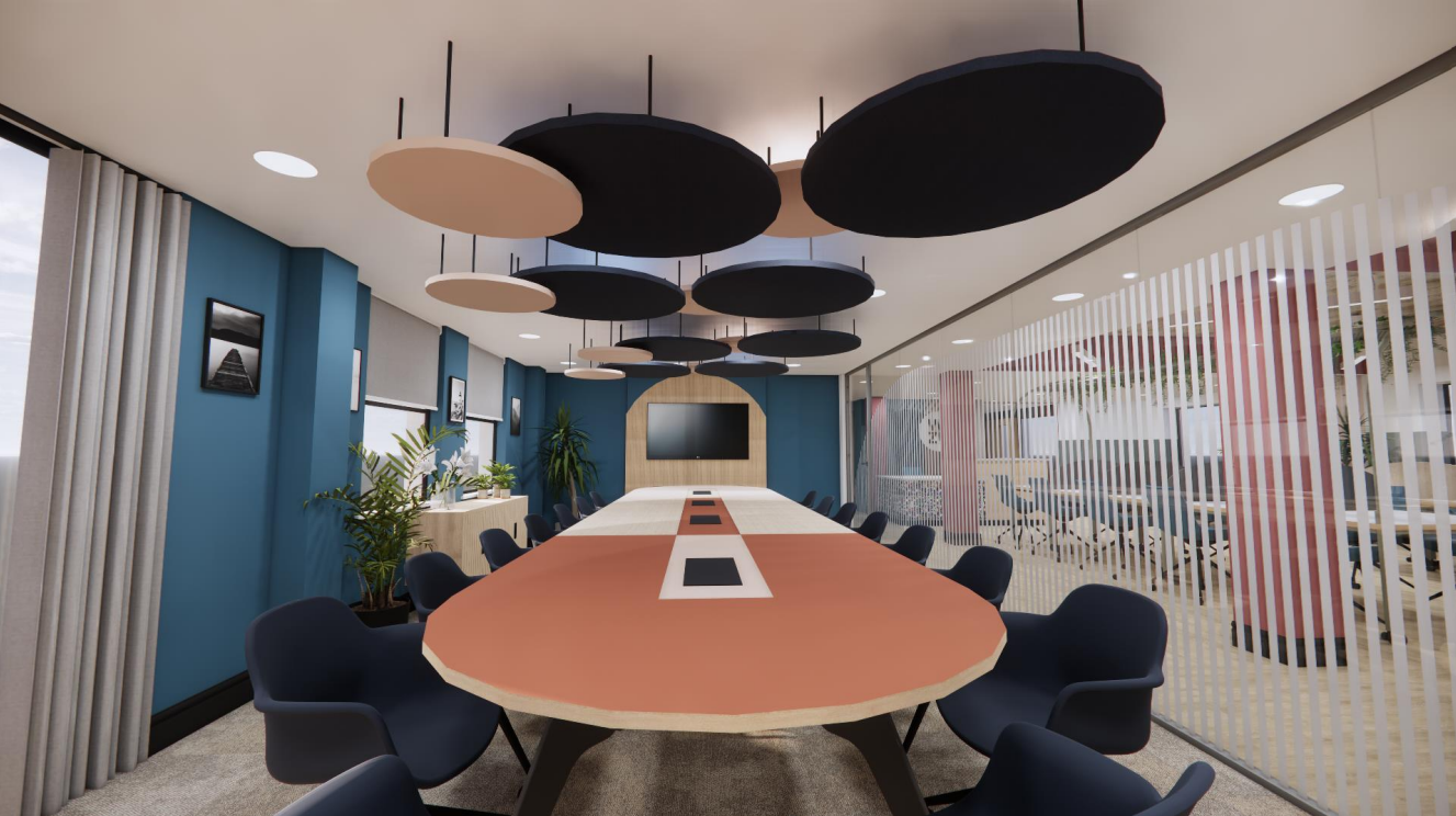 Modern conference room with oval table, ideal for meetings and brainstorming at Wizu Workspace.