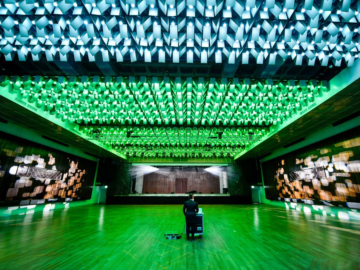 New Century Hall Manchester with green lighting, ideal for events and performances.