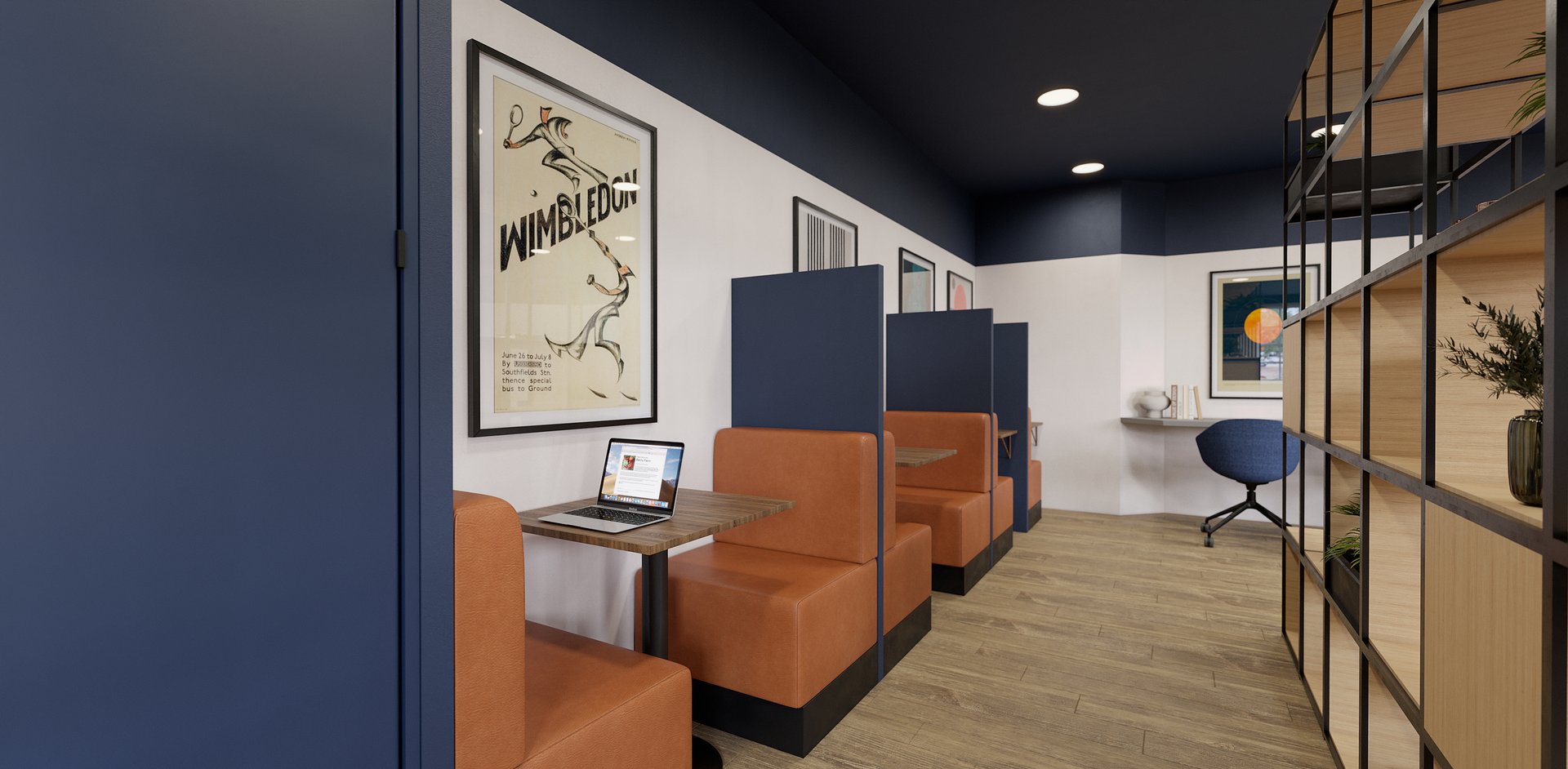 Modern meeting space with cozy booths for collaboration at Common Ground Co Working.