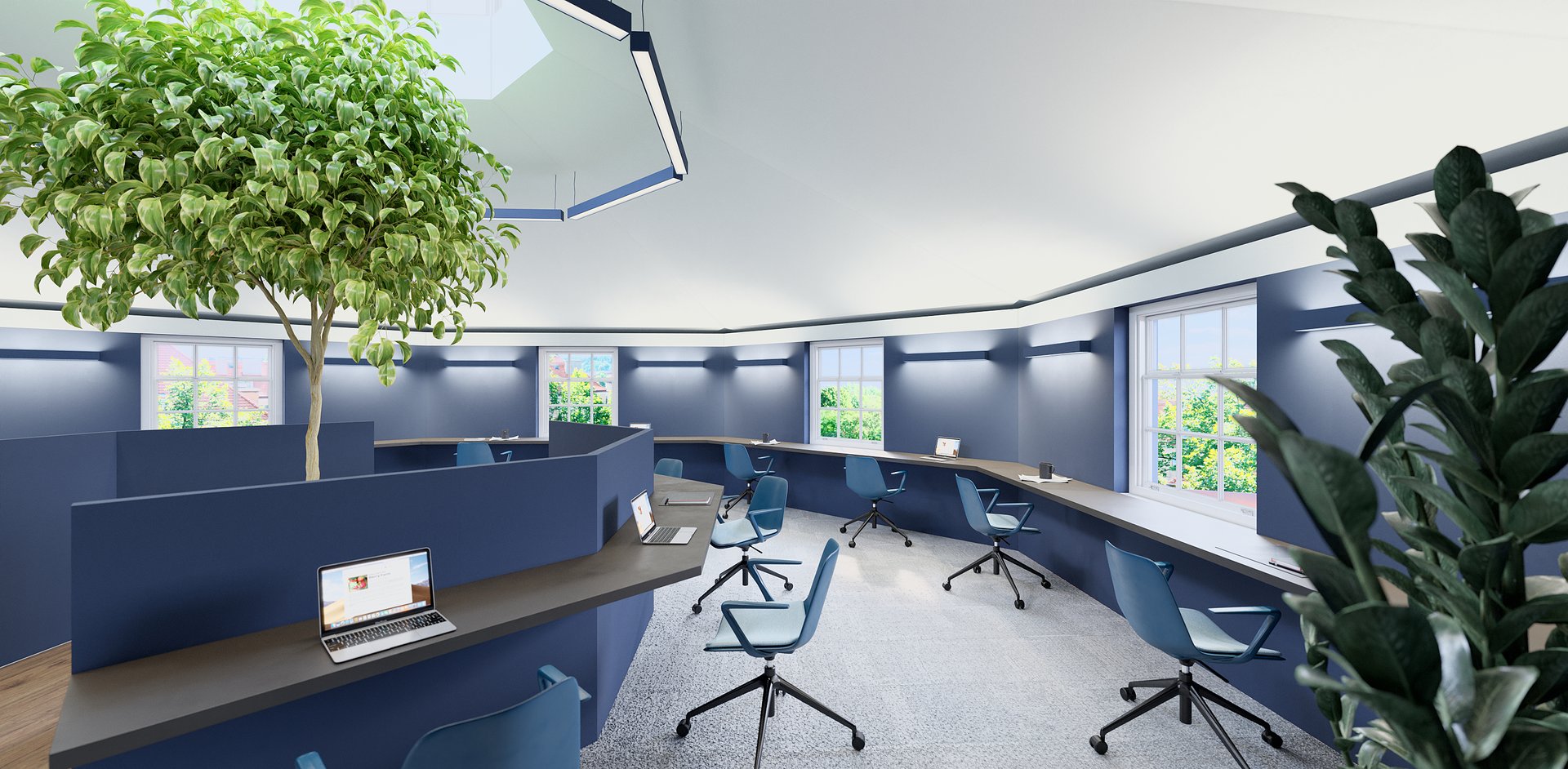 Modern meeting space with flexible seating for workshops and brainstorming sessions.