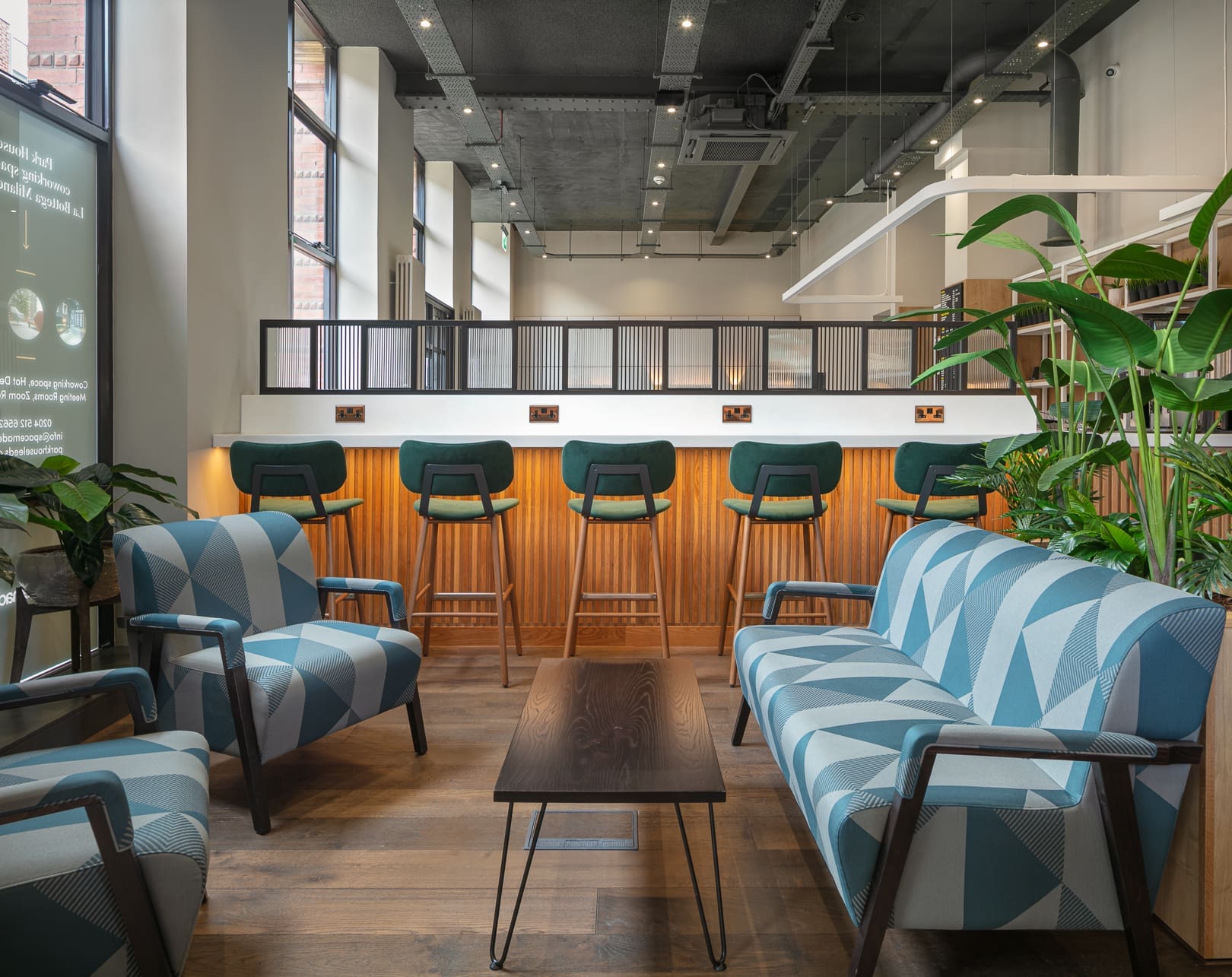 Modern lounge area in Park House for networking and informal meetings with natural light.
