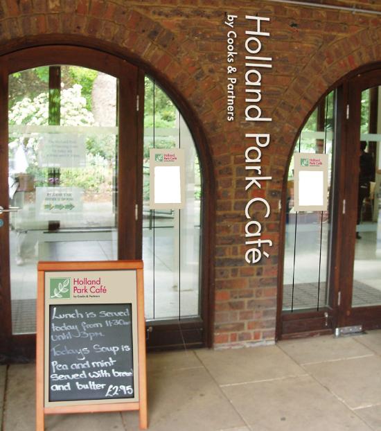 Holland Park Café entrance with clear signage, ideal for casual meetings and networking.