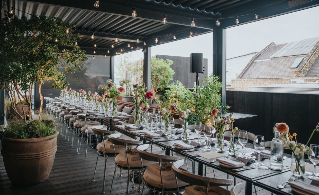 Rooftop long table dinner, corporate reception, product launch