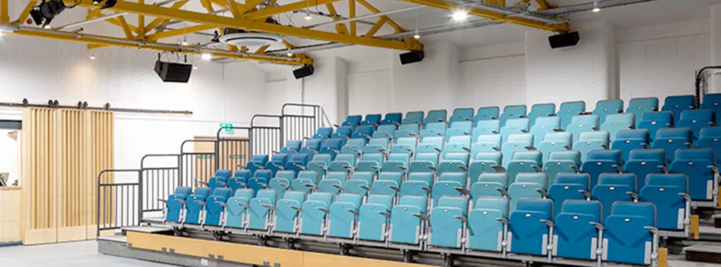 Modern auditorium with tiered blue seating for presentations and workshops.