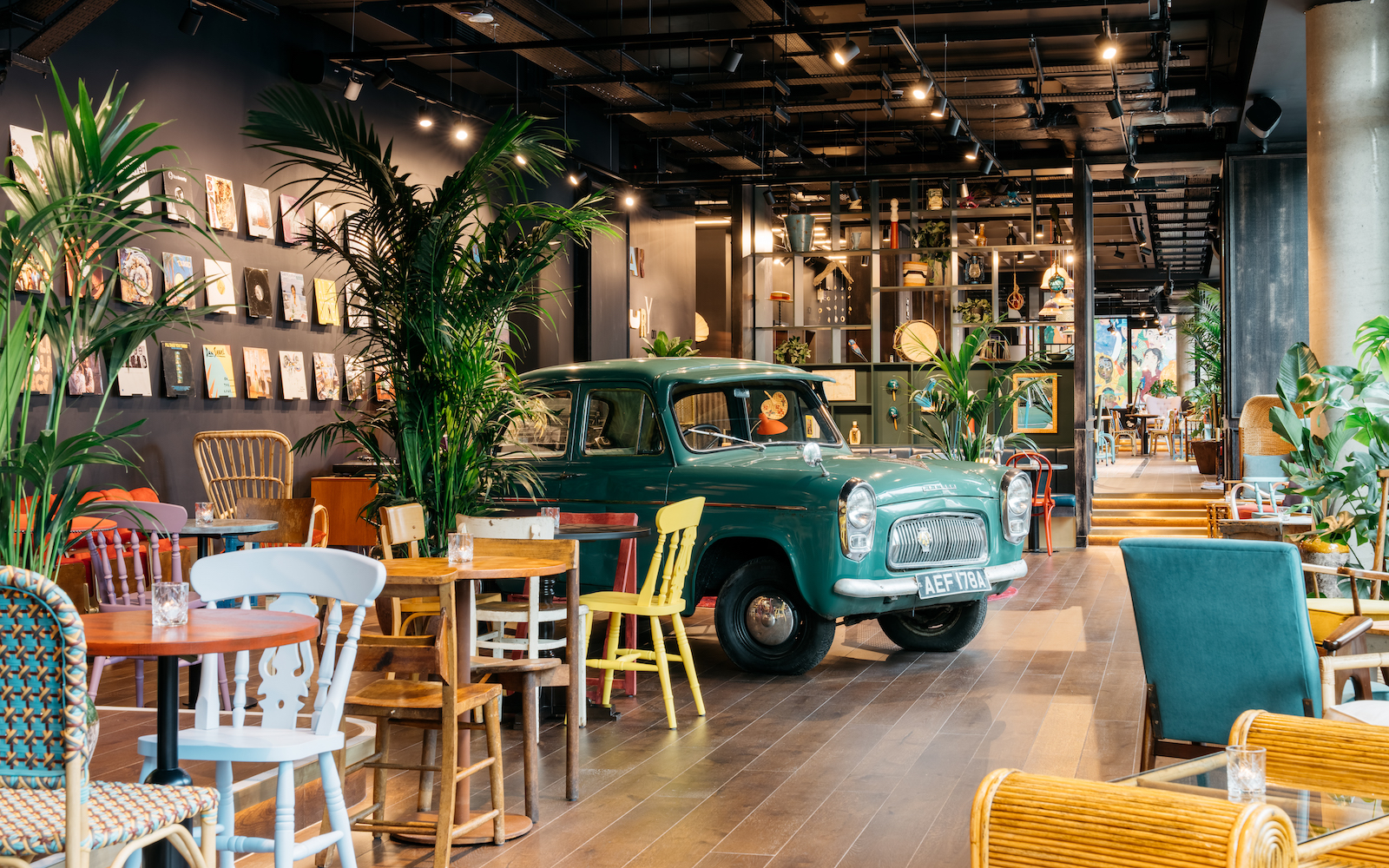 Vintage car centerpiece at Ruby Zoe Hotel & Bar, ideal for events and gatherings.