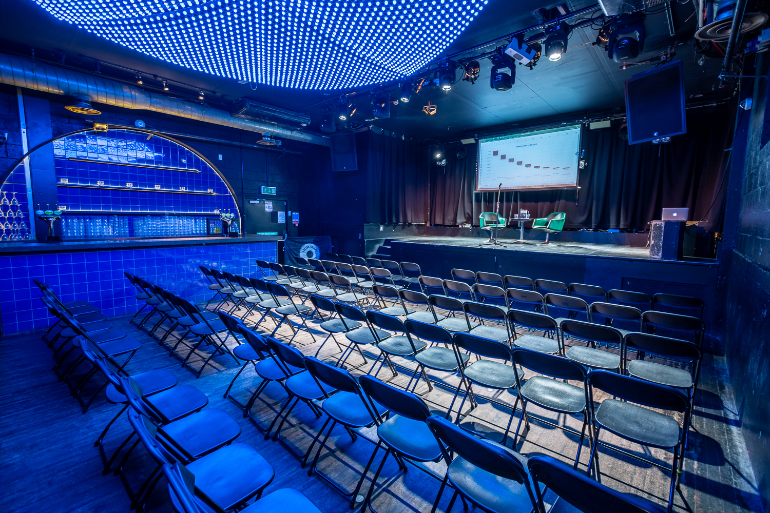 Versatile event space in Colours Hoxton, set for a presentation with modern decor.