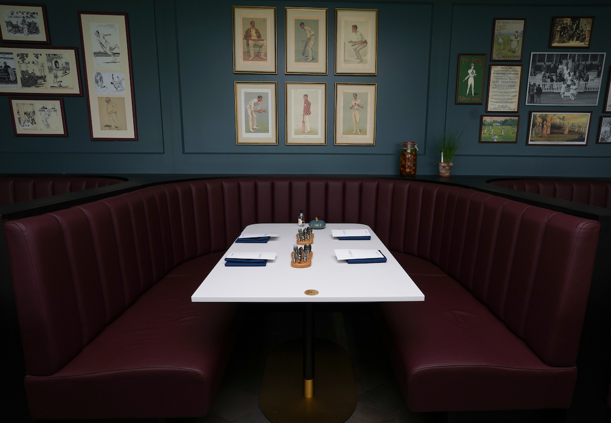 Cozy booth at The Edrich, Lord's Cricket Ground for meetings and networking.