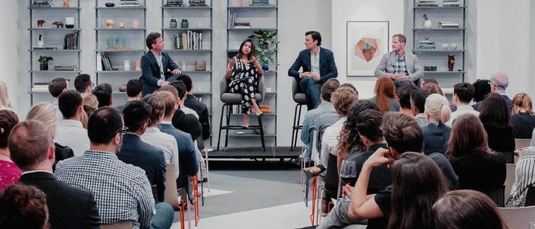 Panel discussion at The Forum, Convene Philadelphia, featuring diverse speakers and engaged audience.