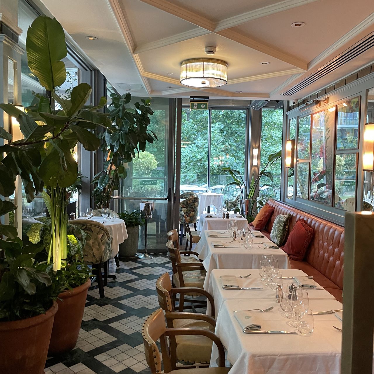 Stylish restaurant setting with greenery, ideal for intimate meetings and networking events.