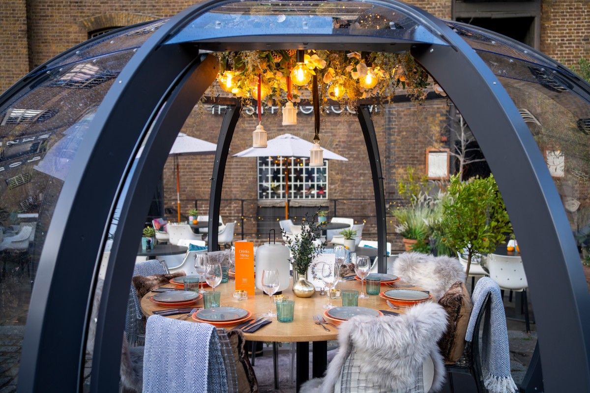 Stylish outdoor dining setup with transparent dome and fine dinnerware for unique events.