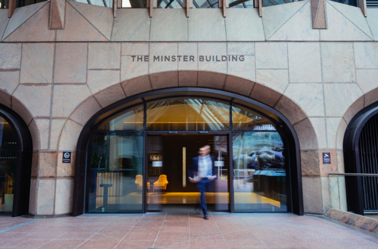 Modern glass entrance of Fenchurch & Lombard Suite for events and meetings.