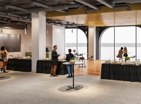 Modern event space at Minster Gallery with buffet stations for networking and receptions.