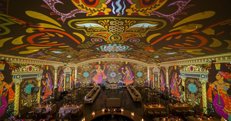 Grand Room at The Temple House with vibrant projections for themed events and celebrations.