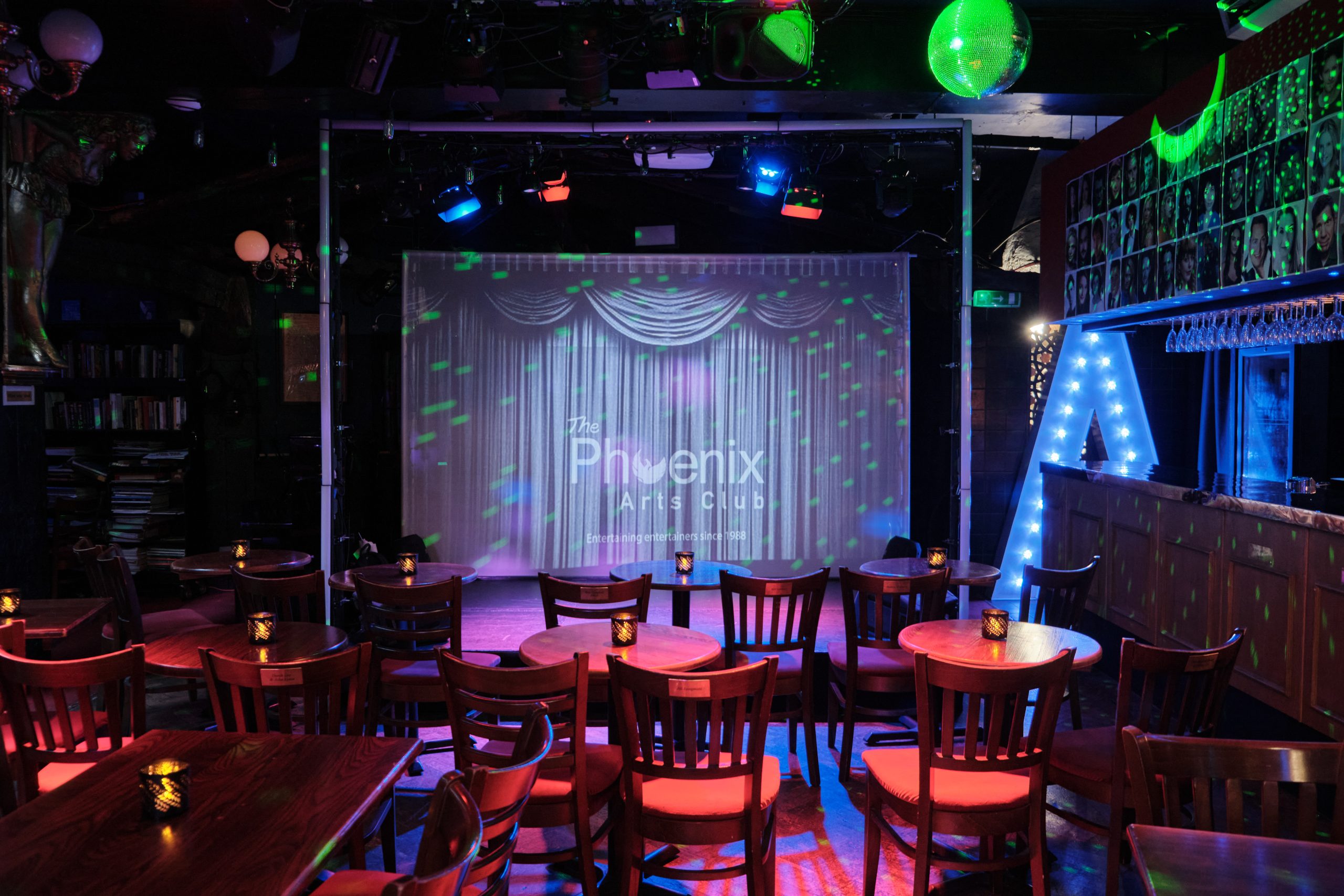 Main Performance Space at Phoenix Arts Club, vibrant stage for corporate events and gatherings.