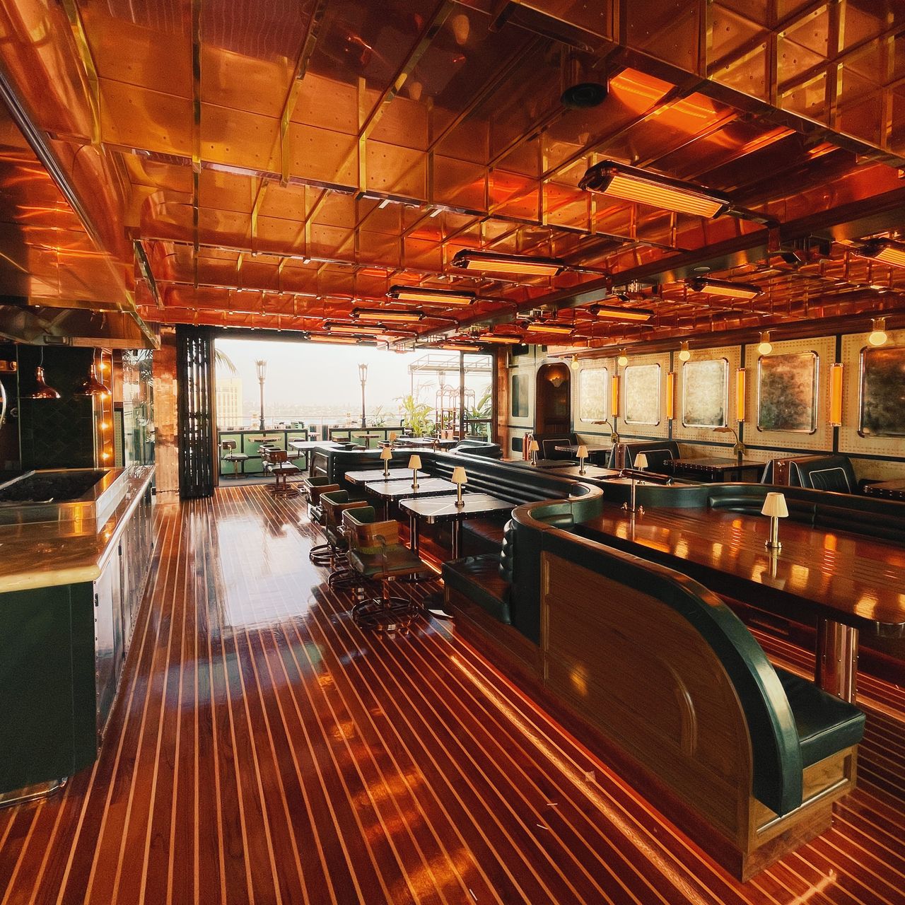 Stylish Seneca Trattoria event space with copper ceiling, ideal for corporate dinners and workshops.