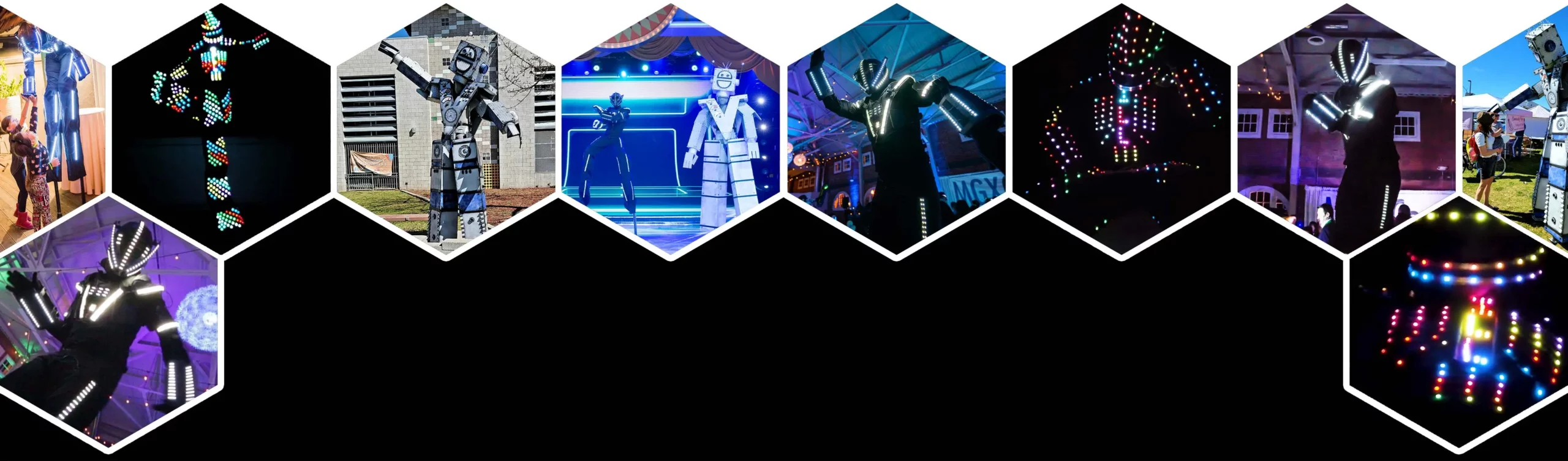 Giant robots in illuminated costumes for dynamic corporate events and product launches.