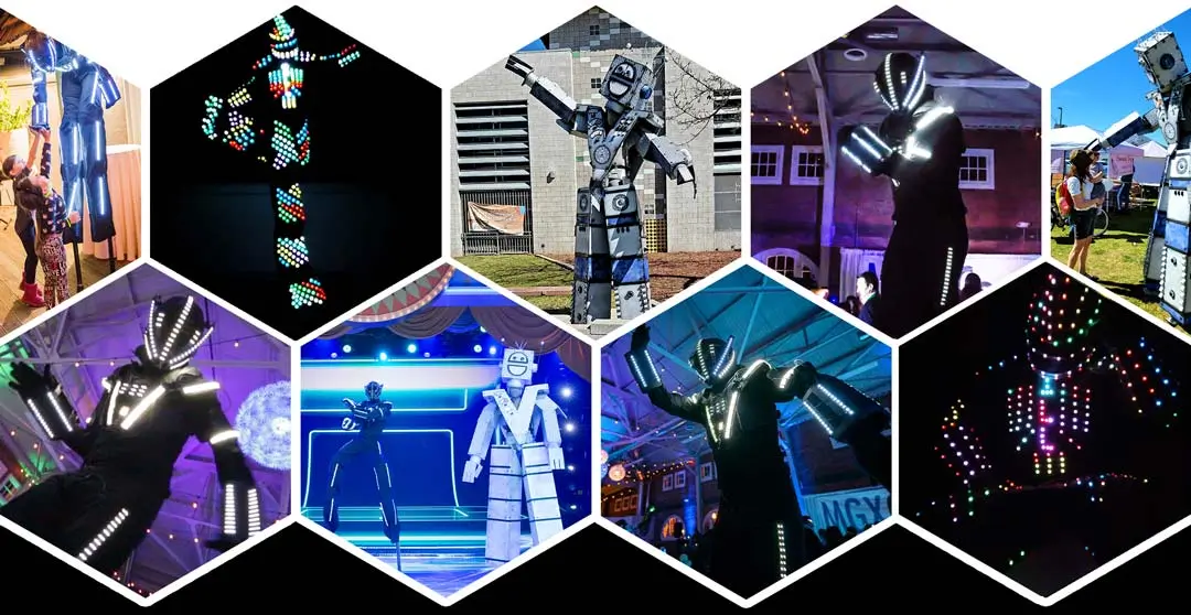 Giant robots in illuminated costumes for corporate events and themed parties.