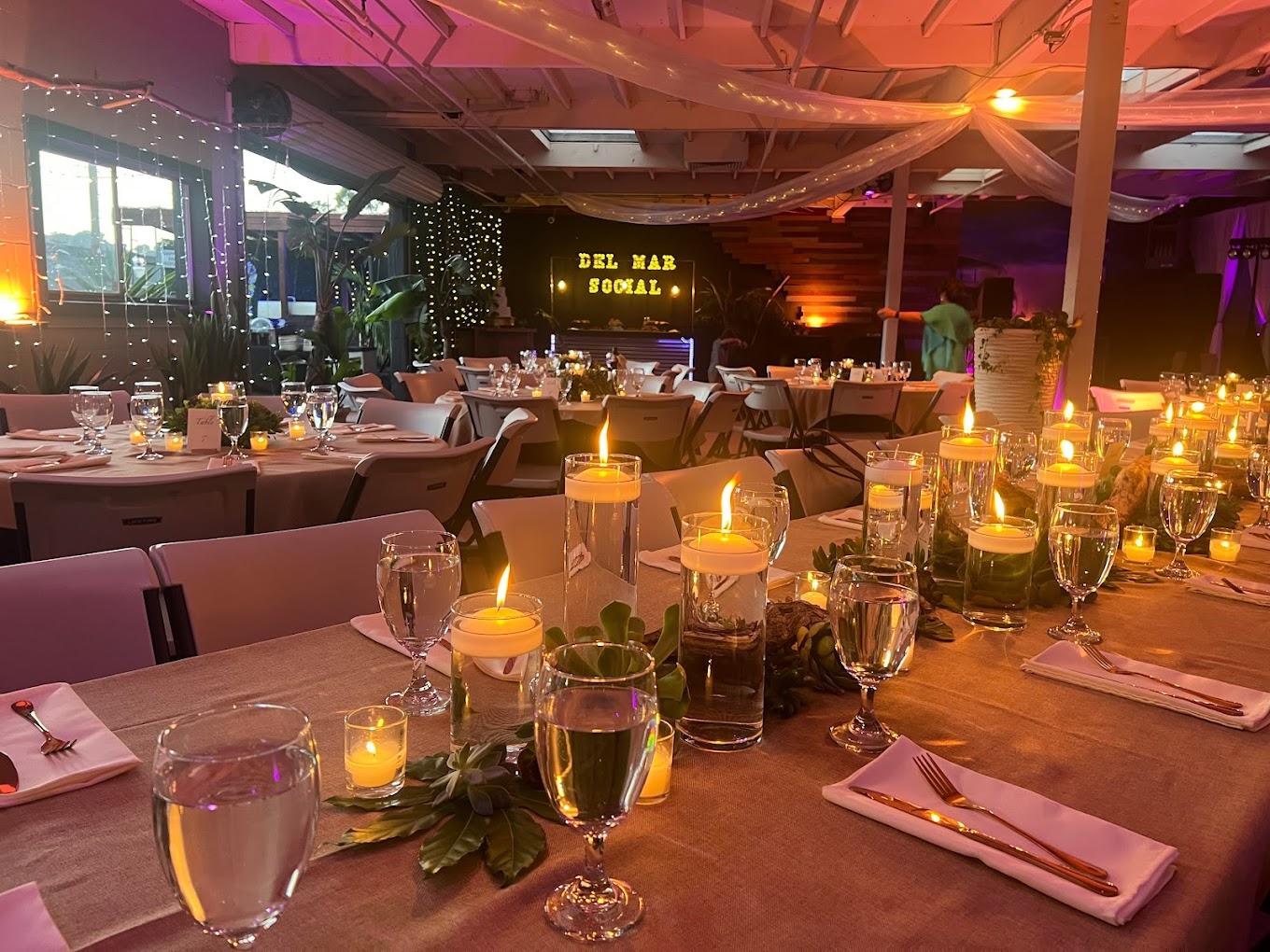 Elegant event space in Del Mar with candlelit tables for sophisticated gatherings.