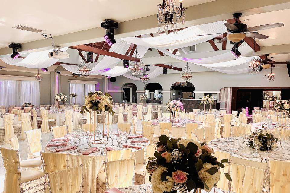 Atlantis Banquet Hall with elegant drapery, ideal for weddings and formal events.