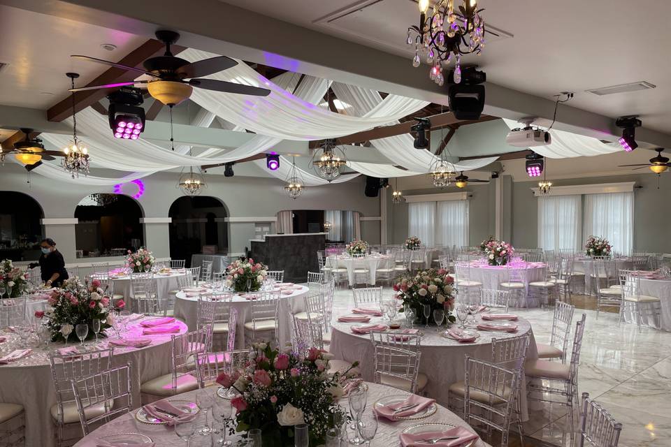 Atlantis Banquet Hall with elegant drapery, ideal for weddings and formal gatherings.