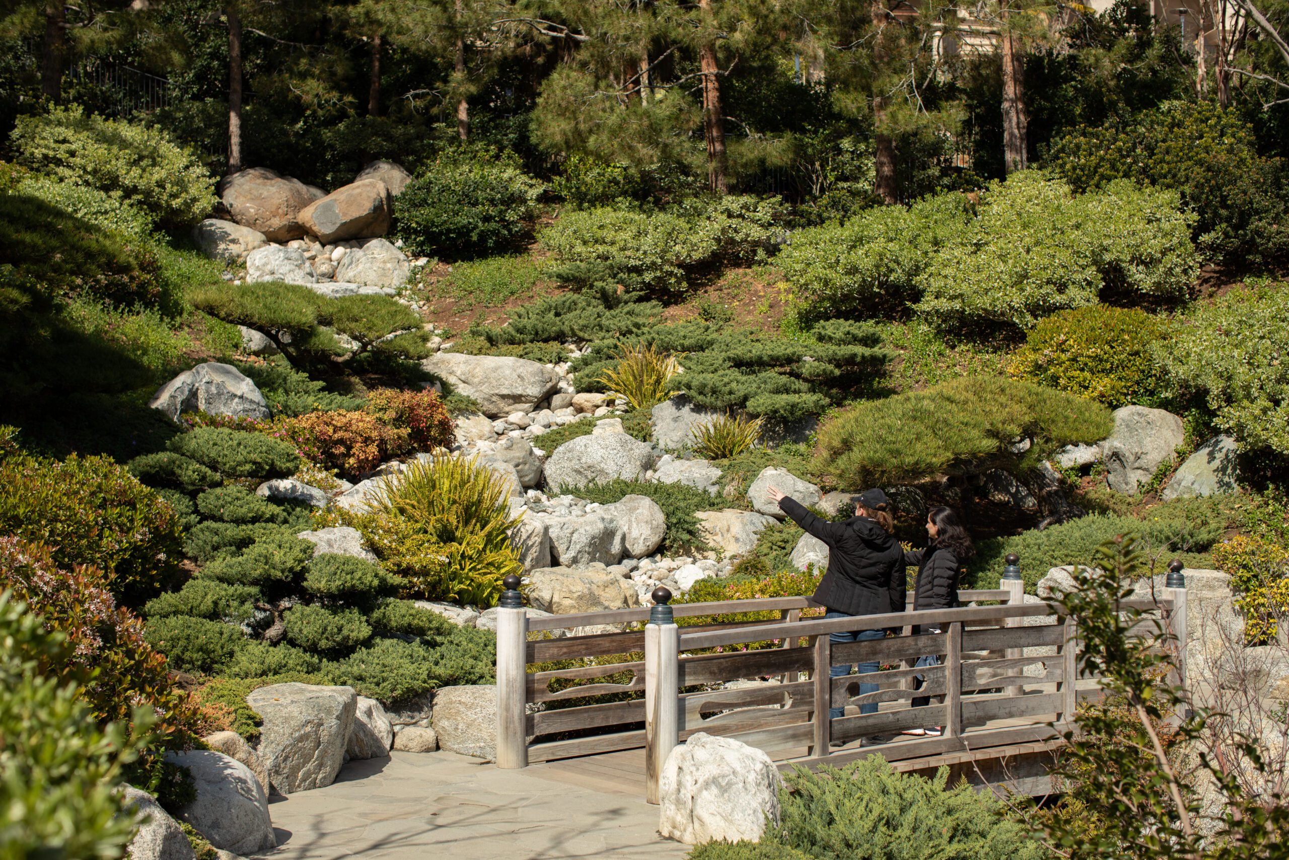 Japanese Friendship Garden with wooden bridge, ideal for outdoor meetings and retreats.