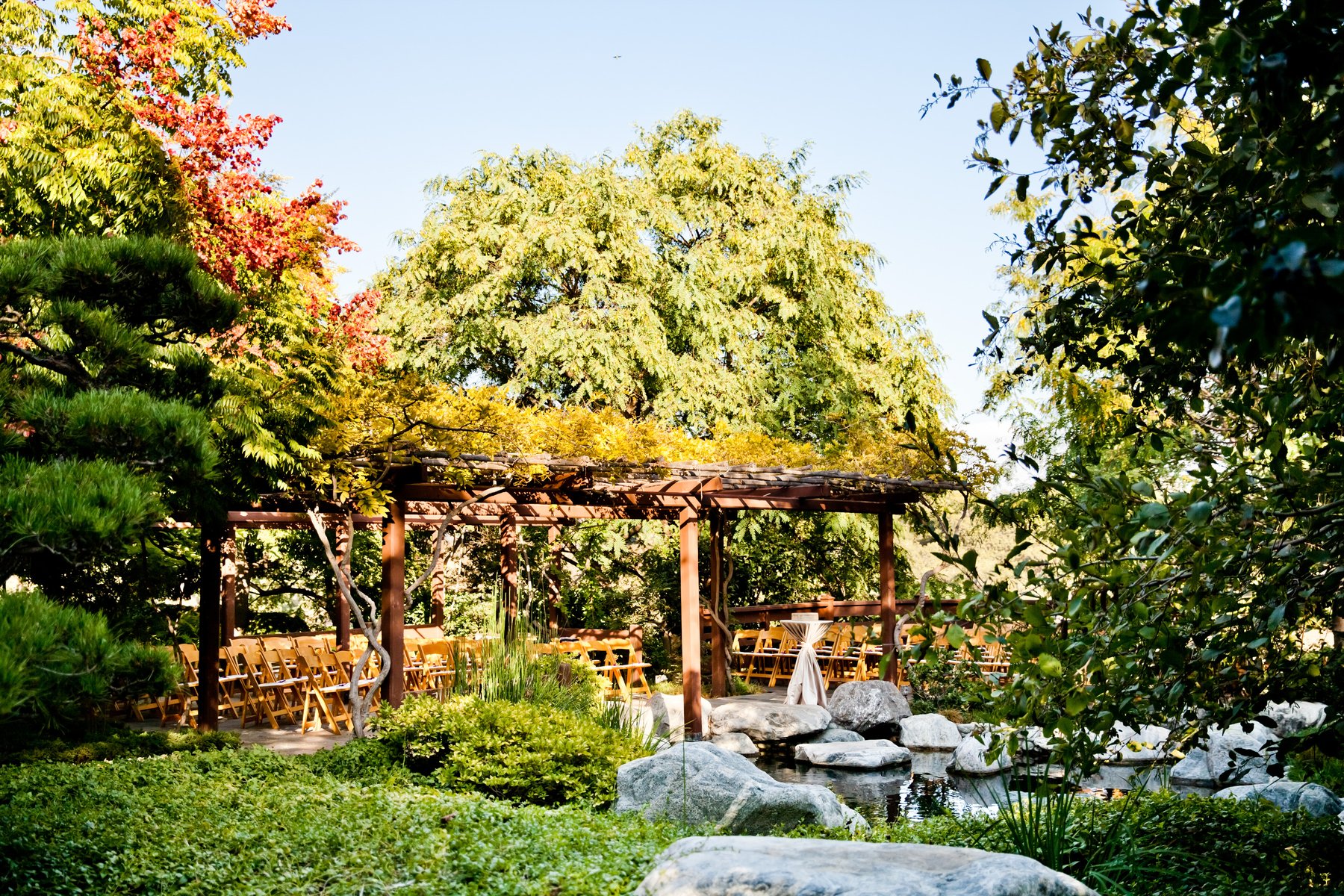 Japanese Friendship Garden with wooden pergola, ideal for weddings and corporate events.