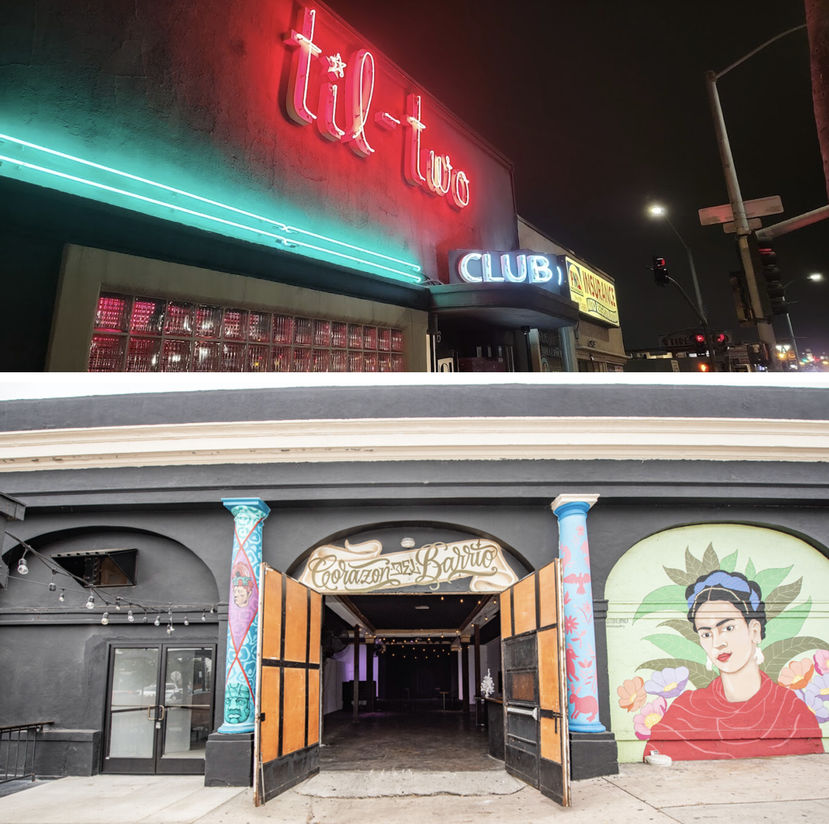 Vibrant Til-Two Club entrance with colorful murals for events and celebrations.