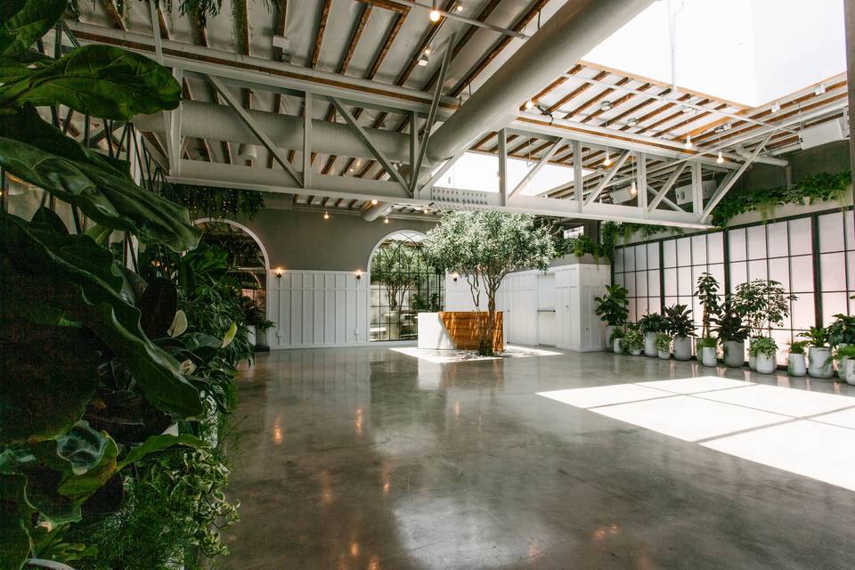 Bookcase Room in Flora: bright event space with greenery for meetings and gatherings.