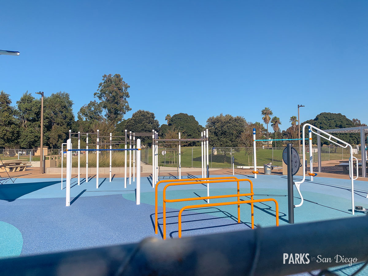 Outdoor fitness area at Tecolote Recreation Center for team-building and wellness events.
