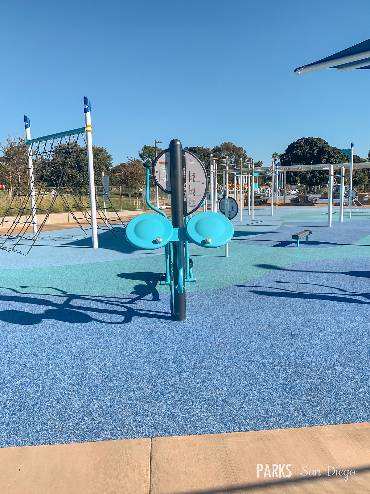 Outdoor fitness area at Tecolote Recreation Center for wellness events and team-building.