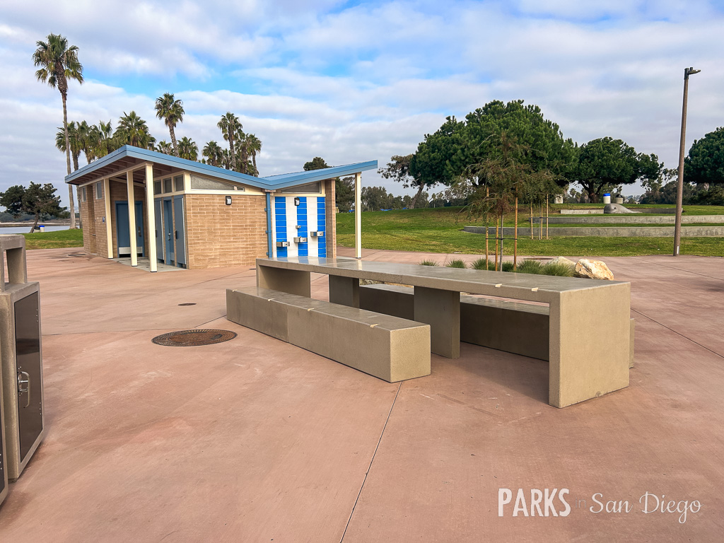 Picnic area at Tecolote Recreation Center with modern seating, ideal for outdoor events.