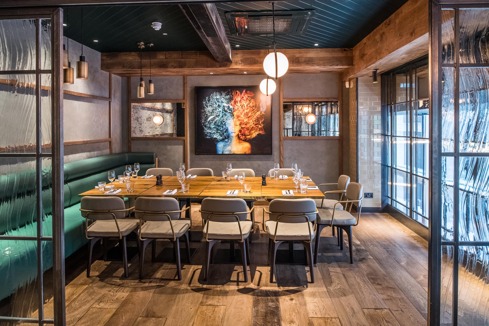 Private dining room at The Coal Shed London, modern decor for events and meetings.