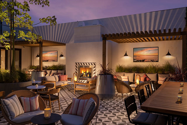 Stylish outdoor event space at Hideaway Terrace with cozy seating and warm lighting.