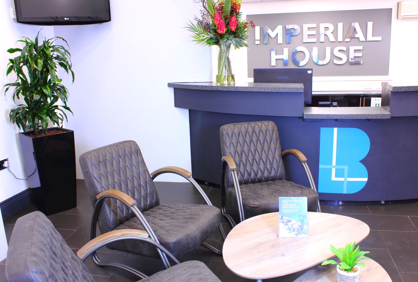 Modern reception area at Business Lodge Imperial House, ideal for meetings and events.