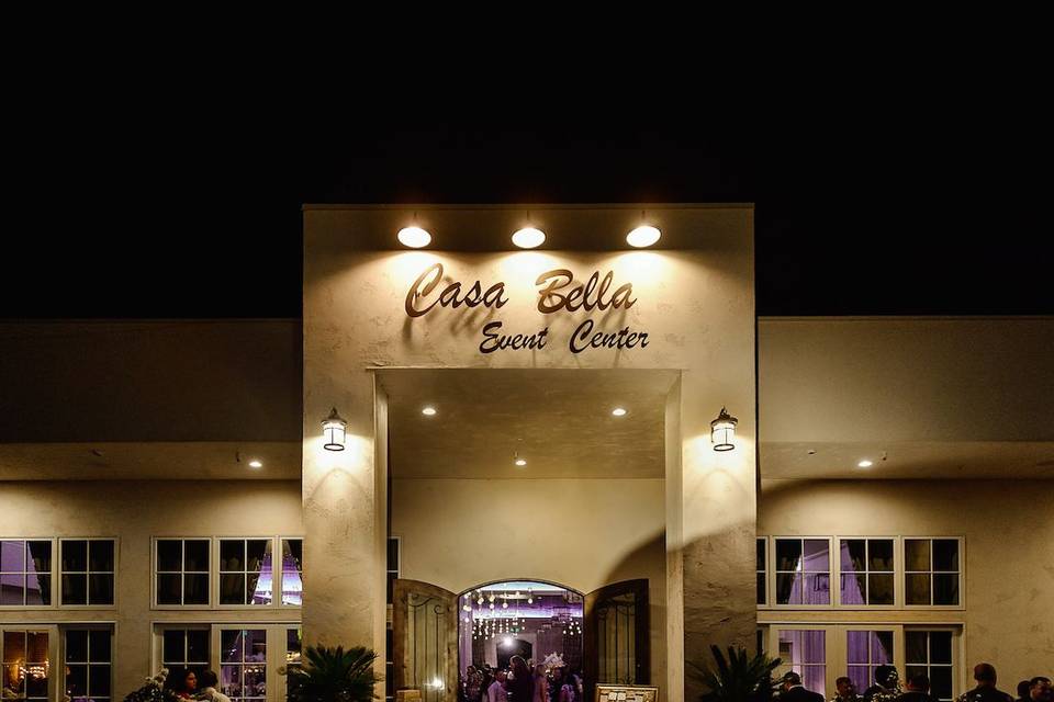 Elegant entrance of Casa Bella Event Center, ideal for weddings and corporate events.
