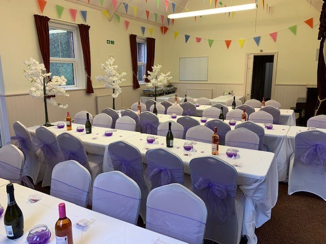 Banquet hall at Foulsham Hall with elegant tables for weddings and parties.