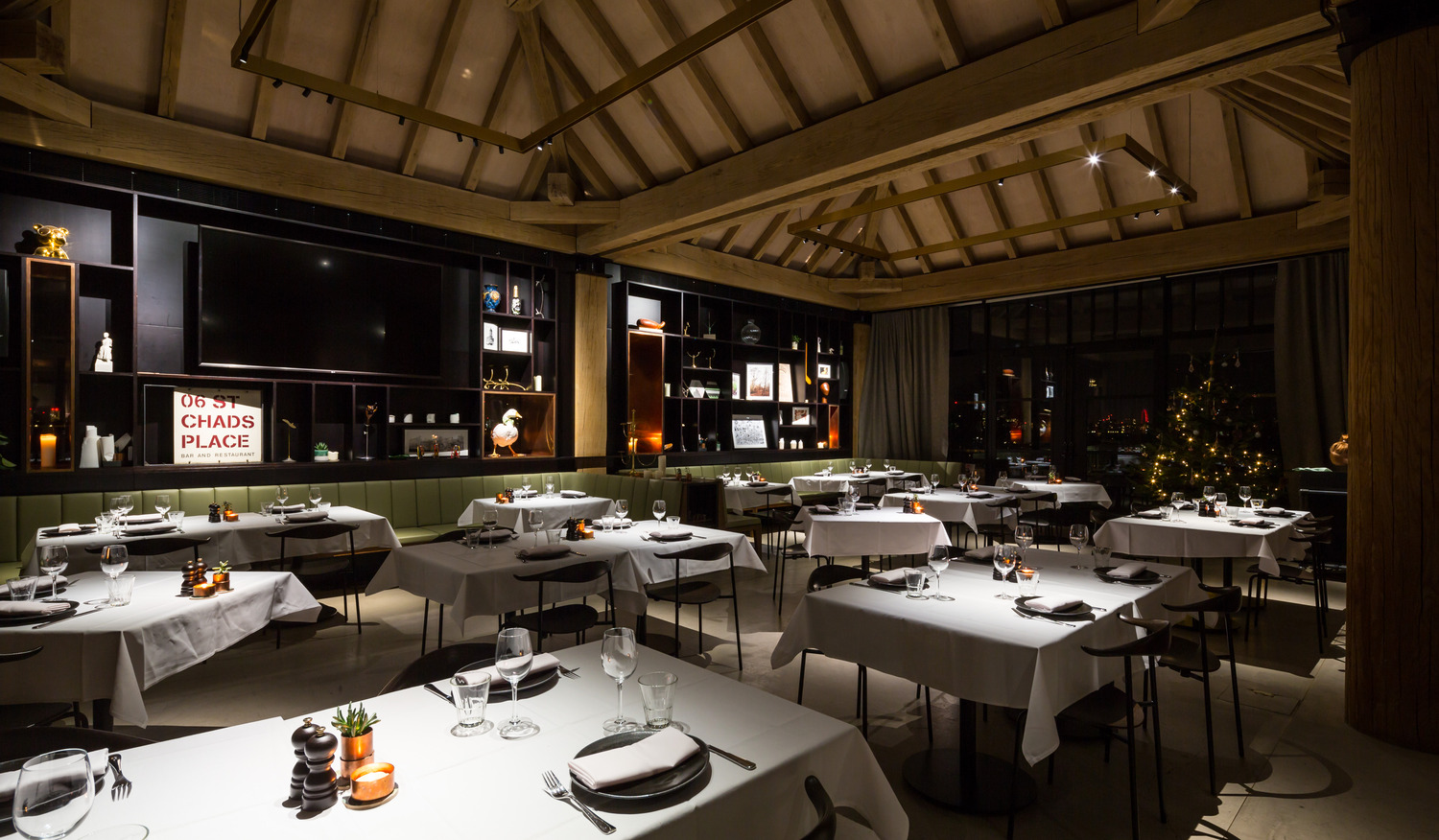 Sophisticated dining space with elegant table settings for corporate events and private dinners.